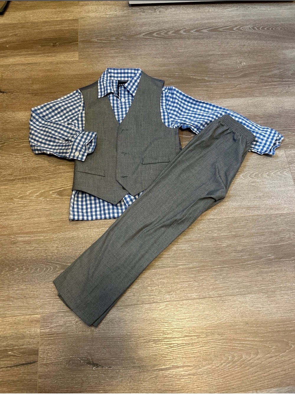 Izod Boys Gray Vest & Pants with Blue Gingham Shirt Set